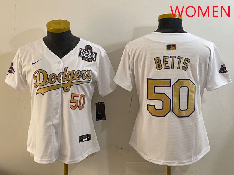 Women Los Angeles Dodgers #50 Betts White Champion gold character 2025 Nike MLB Jersey style 4092->women mlb jersey->Women Jersey